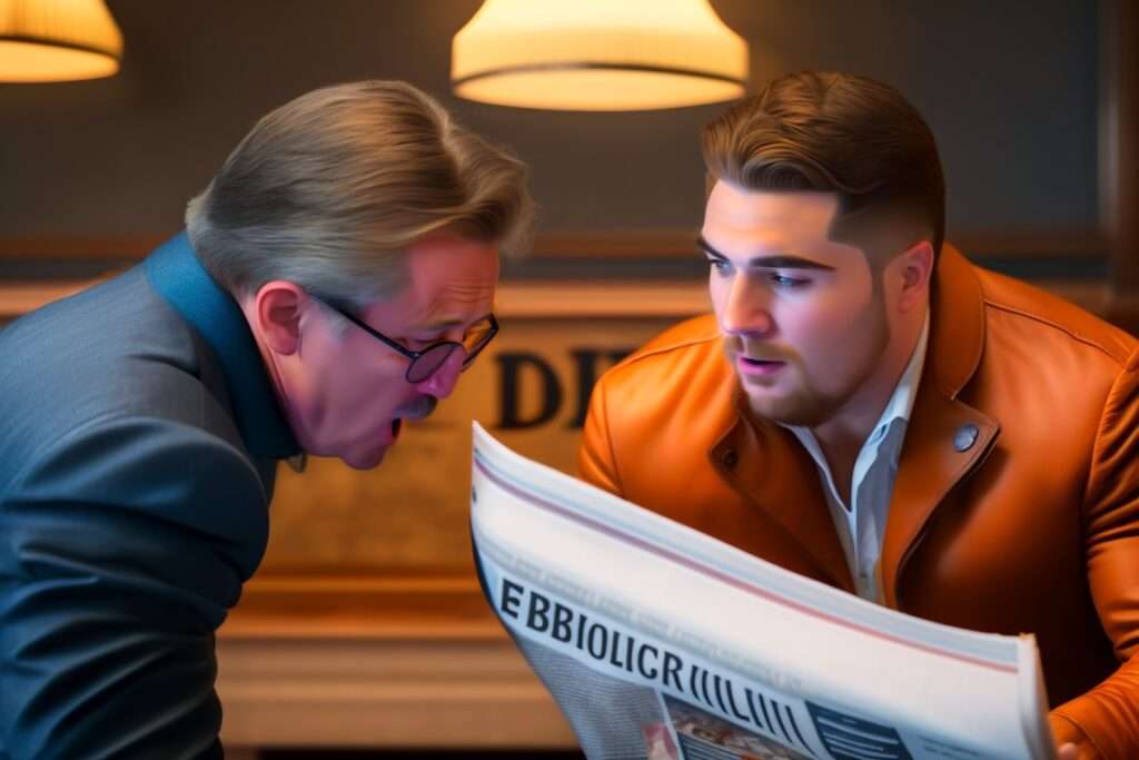 Wide shot of two people fighting over a newspaper