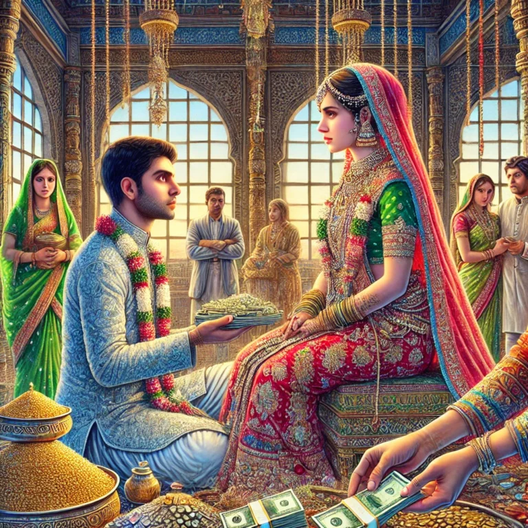 DALL·E 2024-10-08 15.34.38 - A detailed image representing the dowry system, depicting a traditional wedding scene with a bride and groom in cultural attire. The background shows