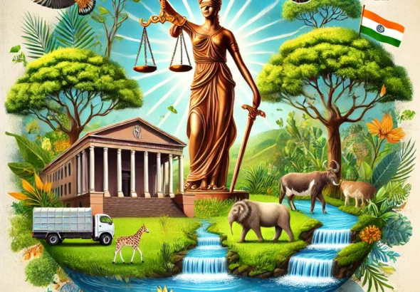 DALL·E 2024-10-09 12.25.37 - An image illustrating environmental protection in India, with symbols of justice such as the scales of justice, the Constitution of India, and natural