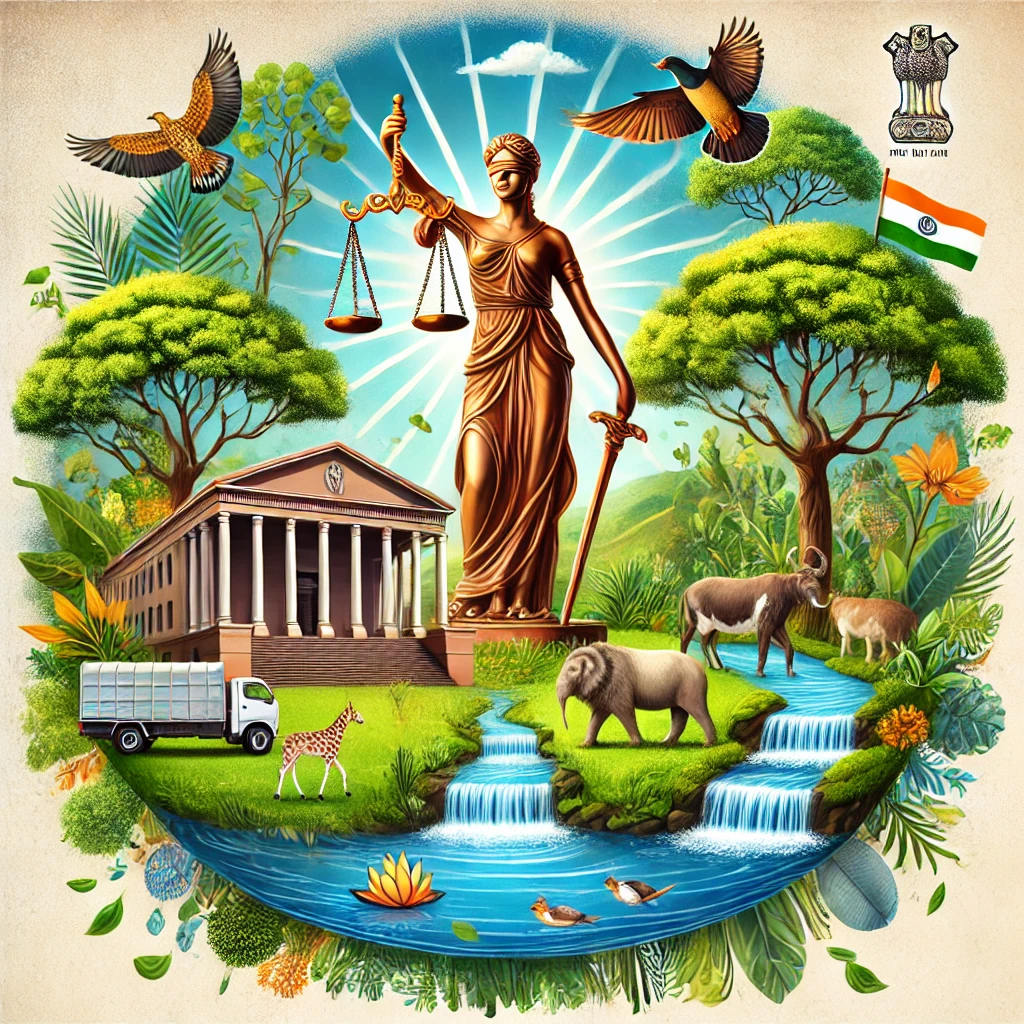 DALL·E 2024-10-09 12.25.37 - An image illustrating environmental protection in India, with symbols of justice such as the scales of justice, the Constitution of India, and natural