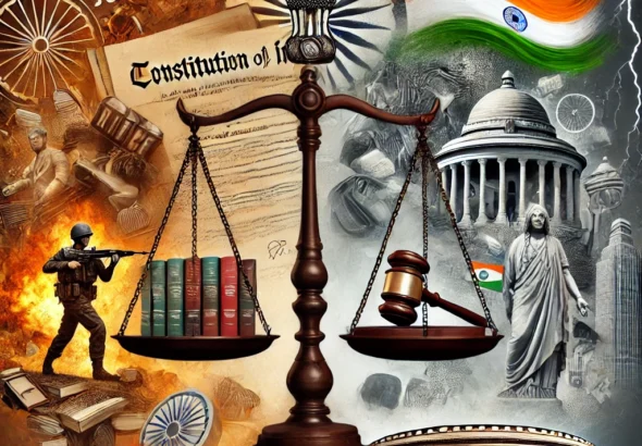 DALL·E 2024-10-09 12.39.44 - An image representing the emergency provisions in the Indian Constitution, showing a balanced scale of justice, with one side depicting law and order