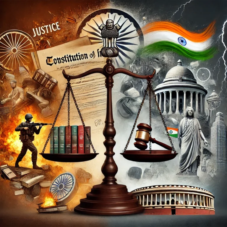 DALL·E 2024-10-09 12.39.44 - An image representing the emergency provisions in the Indian Constitution, showing a balanced scale of justice, with one side depicting law and order