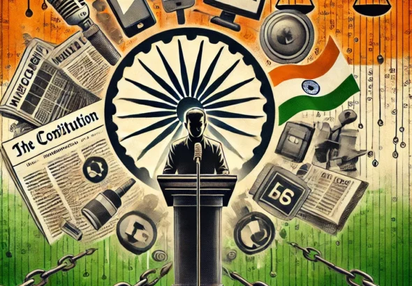 DALL·E 2024-10-10 15.26.17 - An artistic representation of 'Freedom of Speech and Expression' under the Indian Constitution. The image depicts a person standing in front of the In