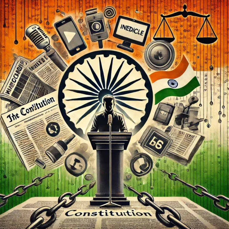 DALL·E 2024-10-10 15.26.17 - An artistic representation of 'Freedom of Speech and Expression' under the Indian Constitution. The image depicts a person standing in front of the In