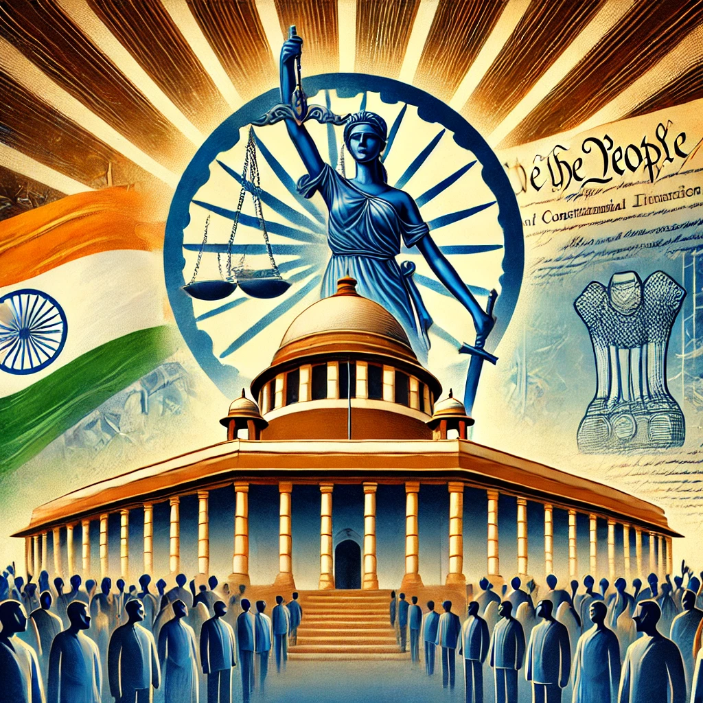 DALL·E 2024-10-10 16.13.52 - An abstract representation of the role of Public Interest Litigation (PIL) in upholding constitutional rights in India. The image should include symbo