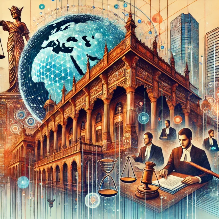 DALL·E 2024-10-14 19.21.01 - A visually dynamic representation of globalization's impact on the legal services sector in India. The image could feature a law office with tradition