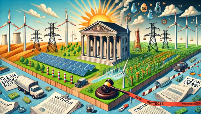 DALL·E 2024-10-15 19.07.53 - A detailed scene illustrating legal obstacles to clean energy transition. The image shows a vibrant landscape split in half_ on one side, clean energy