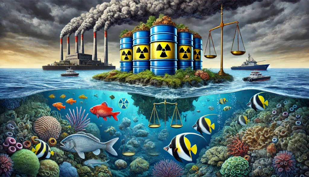 DALL·E 2024-10-15 19.20.16 - A powerful image illustrating radioactive waste in the Pacific Ocean, highlighting both the legal implications and environmental consequences. The oce