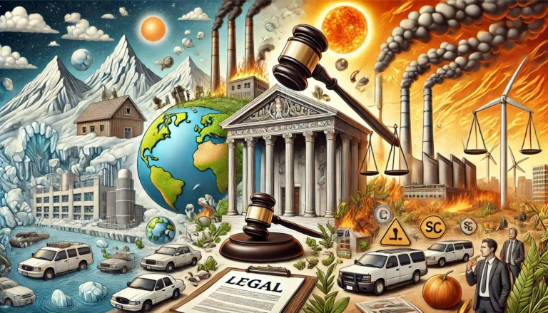 DALL·E 2024-10-15 19.29.58 - A detailed scene representing the legal implications of rising global temperatures. On one side, there are legal symbols such as a courthouse, gavel,