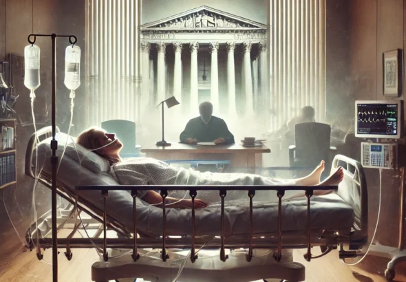 DALL·E 2024-10-15 19.38.50 - A somber hospital room with a woman lying in a hospital bed, connected to IV drips and surrounded by medical equipment. She is in a state of long-term