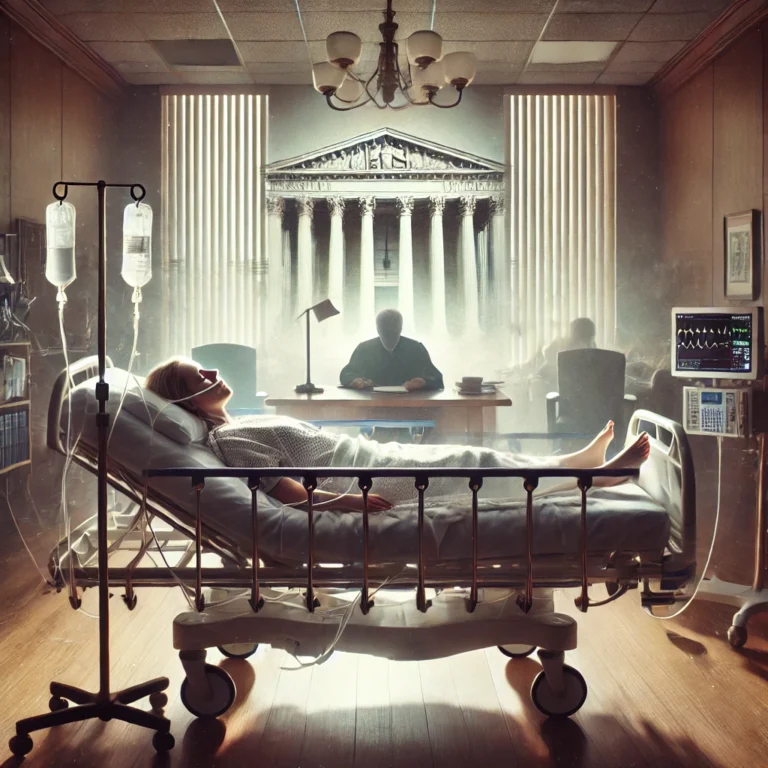 DALL·E 2024-10-15 19.38.50 - A somber hospital room with a woman lying in a hospital bed, connected to IV drips and surrounded by medical equipment. She is in a state of long-term