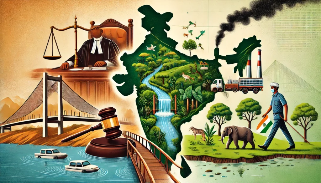 DALL·E 2024-10-16 15.51.58 - An illustration depicting the intersection of criminal law and environmental crimes in India. On one side, there is a courtroom with a gavel and scale