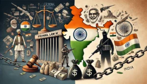 DALL·E 2024-10-16 16.07.05 - An illustration depicting the role of criminal law in combating terrorist financing in India. On one side, show a courtroom with scales of justice and