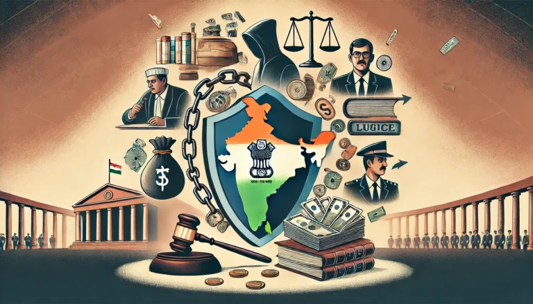 DALL·E 2024-10-16 16.51.34 - An illustration depicting the role of Indian criminal law in countering financial crimes and fraud. On one side, display a courtroom scene with a gave