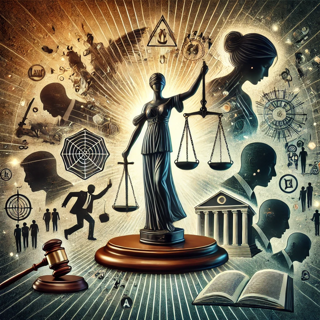 DALL·E 2024-10-20 13.46.52 - A conceptual illustration of criminal law and gender-based violence, featuring a symbolic representation of justice. A balanced scale in the center, w