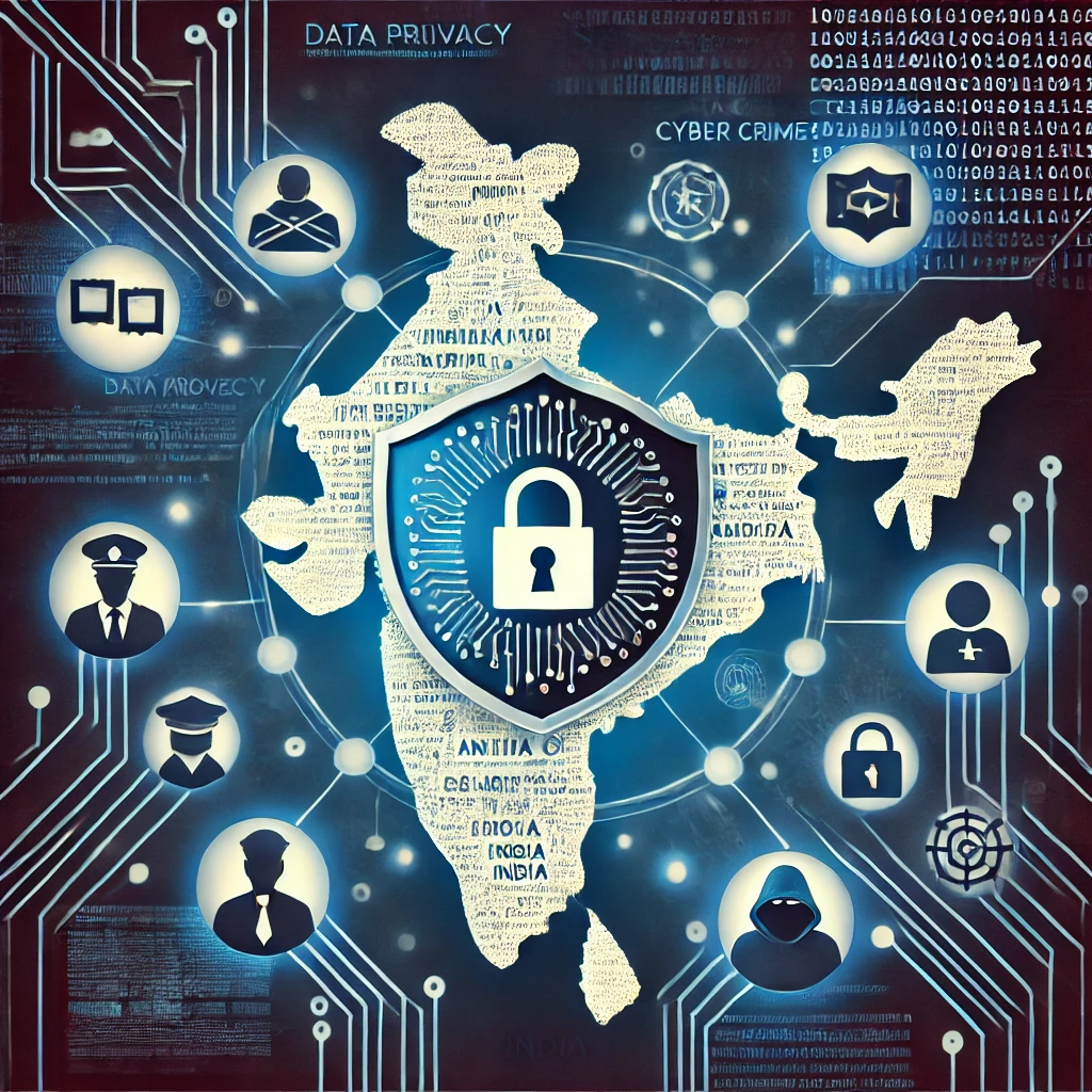 DALL·E 2024-10-20 14.12.48 - A conceptual illustration depicting the impact of the BSA law on data privacy and cyber crimes in India. In the center, a digital shield symbolizes da