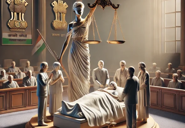 DALL·E 2024-10-21 14.16.13 - A serene courtroom scene representing the 'Right to Die with Dignity_ Common Cause v. Union of India (2018)' case. A large scale of justice is promine