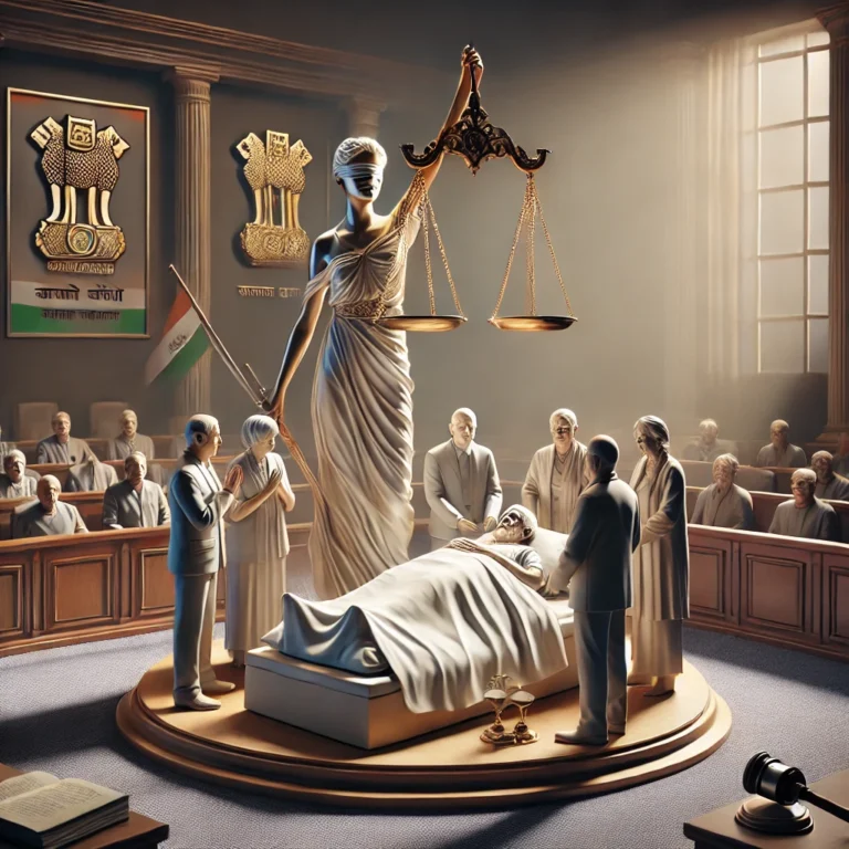 DALL·E 2024-10-21 14.16.13 - A serene courtroom scene representing the 'Right to Die with Dignity_ Common Cause v. Union of India (2018)' case. A large scale of justice is promine