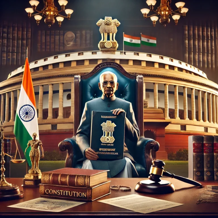 DALL·E 2024-10-21 14.33.03 - A formal setting showcasing the President of India in a dignified manner, with the backdrop of the Indian Parliament building. The President is seated