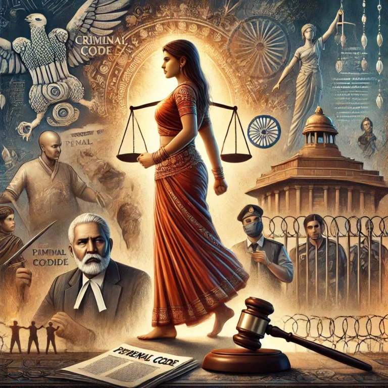 DALL·E 2024-10-21 14.38.48 - A powerful image illustrating the role of criminal law in safeguarding women's rights in India. It features a female figure standing strong with symbo