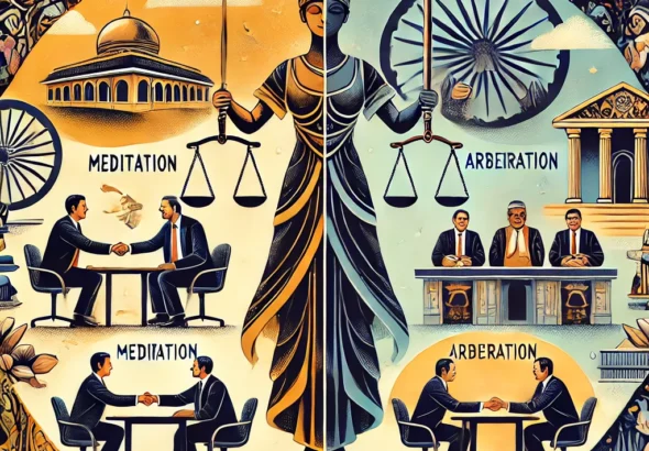 DALL·E 2024-10-21 21.48.59 - A visual representation of mediation and arbitration as alternative dispute resolution methods in India. The image includes a central figure represent