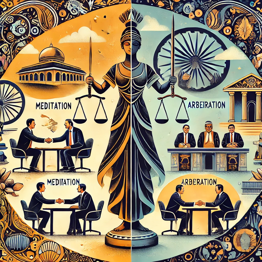 DALL·E 2024-10-21 21.48.59 - A visual representation of mediation and arbitration as alternative dispute resolution methods in India. The image includes a central figure represent