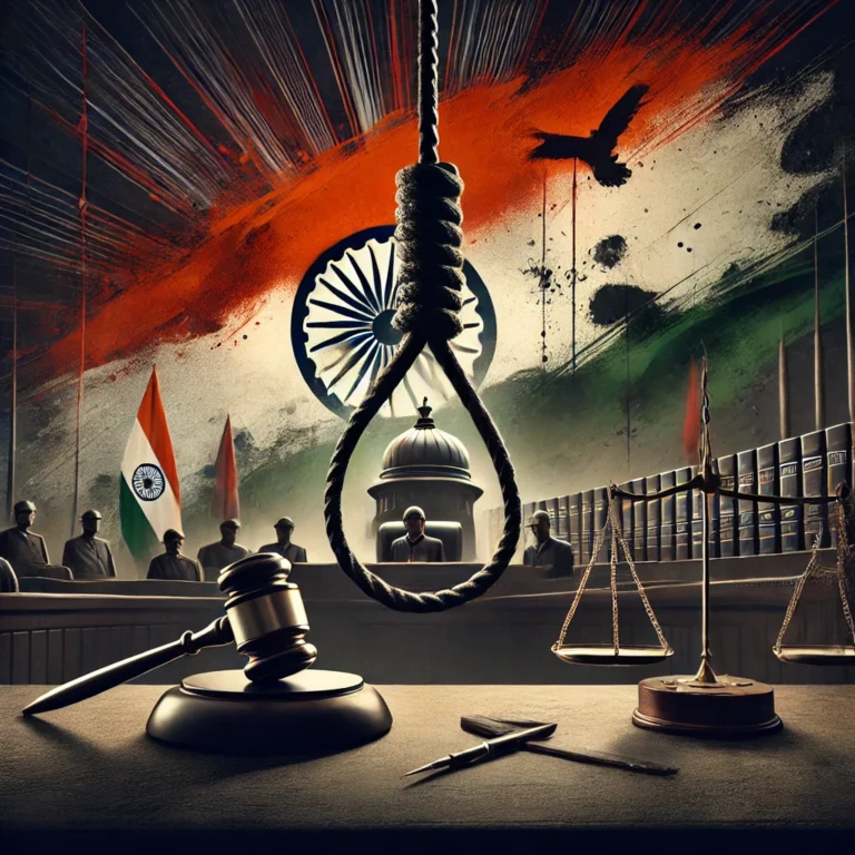 DALL·E 2024-10-22 16.13.40 - An impactful image representing 'The Death Penalty in India_ A Criminal Law Perspective on Its Relevance.' The design features a dark courtroom settin