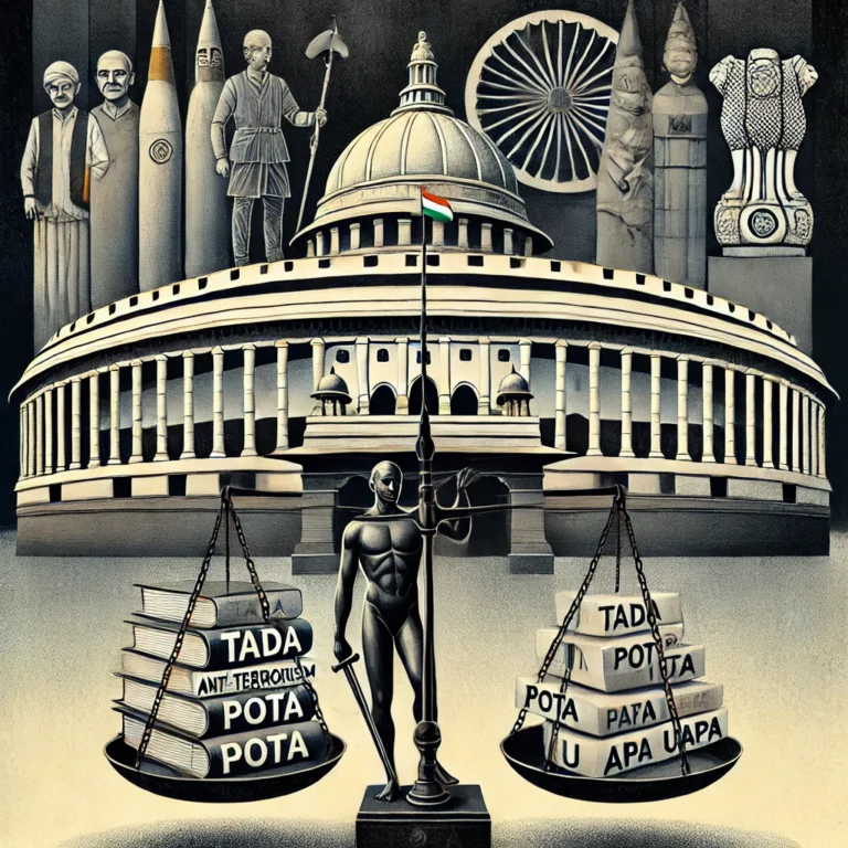 DALL·E 2024-10-22 16.24.41 - A detailed illustration representing the 'Evolution and Impact of Anti-Terrorism Laws in India_ A Criminal Law Perspective.' The background showcases