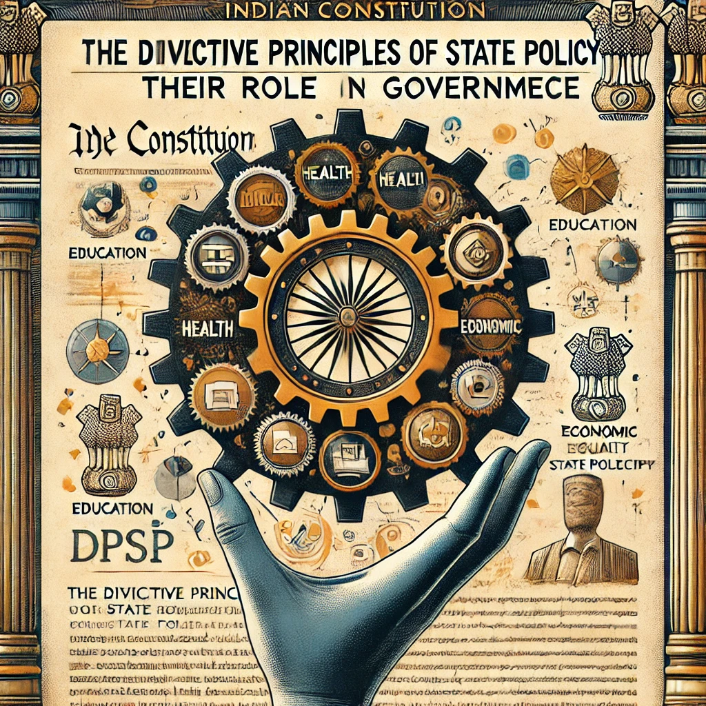 DALL·E 2024-10-22 16.29.50 - A detailed illustration representing 'The Directive Principles of State Policy_ Their Role in Governance.' The background features the Indian Constitu