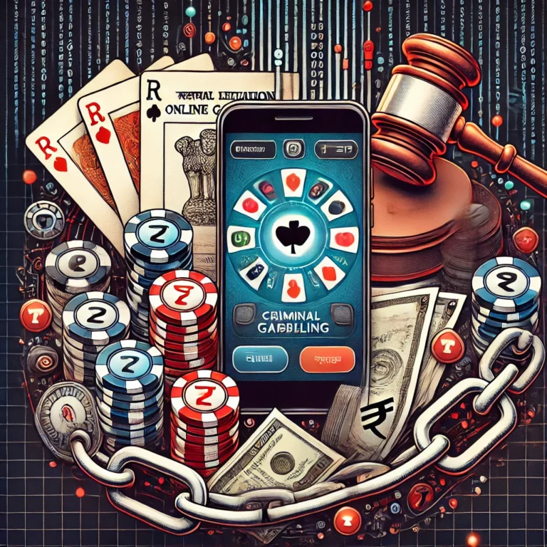 DALL·E 2024-10-22 16.36.57 - A detailed illustration representing 'Criminal Law and Regulation of Online Gambling in India.' The background features a digital network grid represe