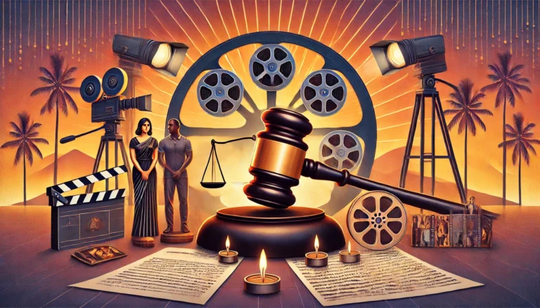 DALL·E 2024-10-24 19.34.49 - An image symbolizing legal reforms and gender equality in the Malayalam film industry, inspired by the Hema Committee Report. In the center, a gavel s