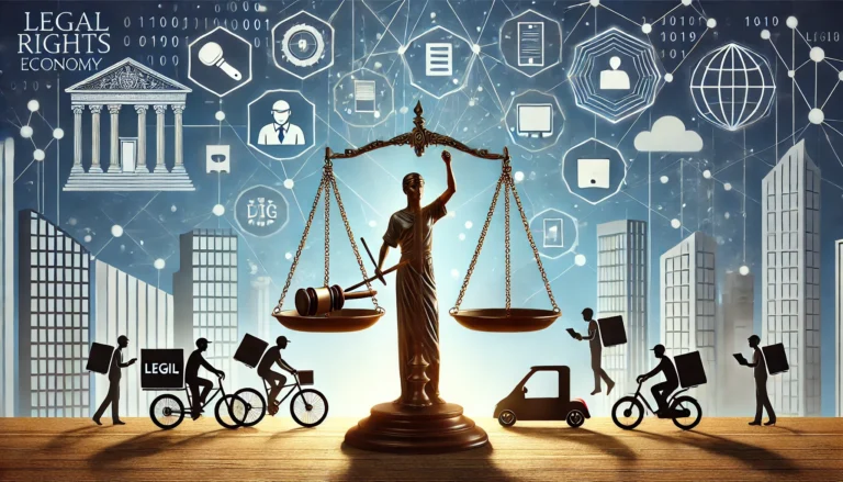 DALL·E 2024-10-24 19.45.27 - An image representing legal rights in the gig economy. At the center, a person is balancing a scale with symbols of legal justice, such as a gavel and