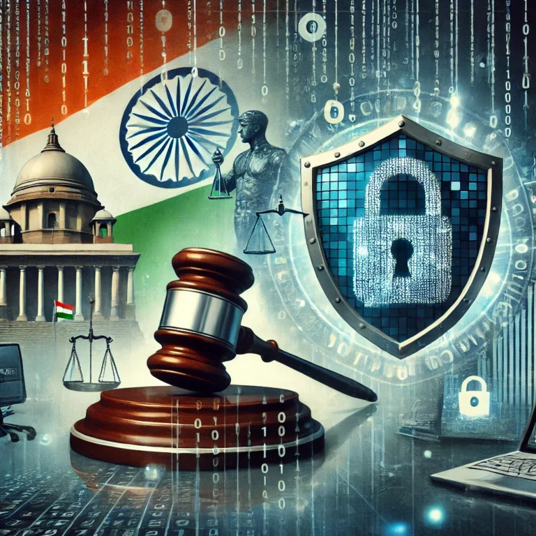 DALL·E 2024-10-24 20.10.44 - An image symbolizing the role of criminal laws in safeguarding digital privacy from an Indian perspective. The foreground features a symbolic represen