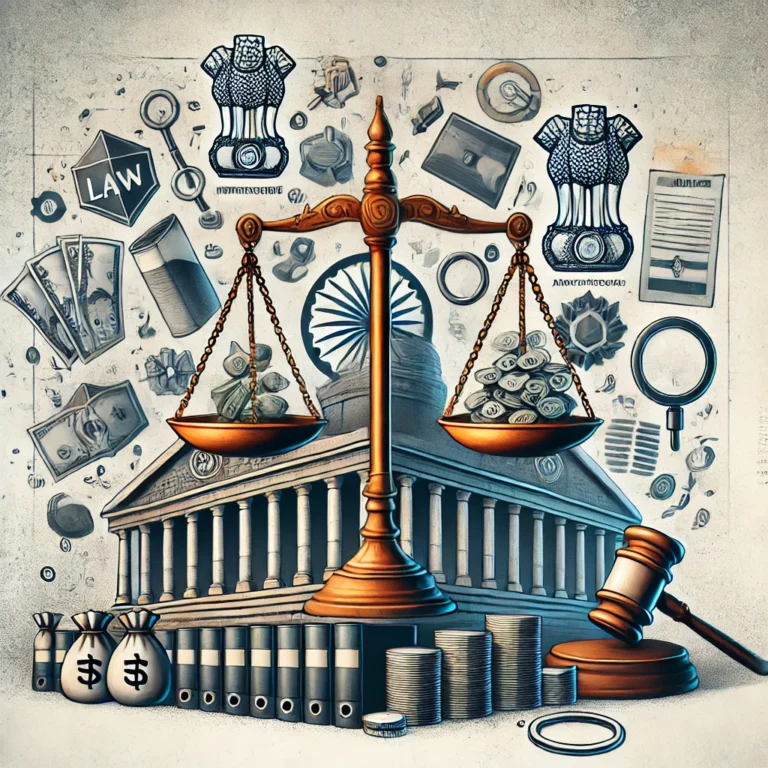 DALL·E 2024-10-24 20.21.30 - An image depicting the concept of Indian criminal laws and money laundering. The scene shows a balance scale representing justice, with Indian legal s