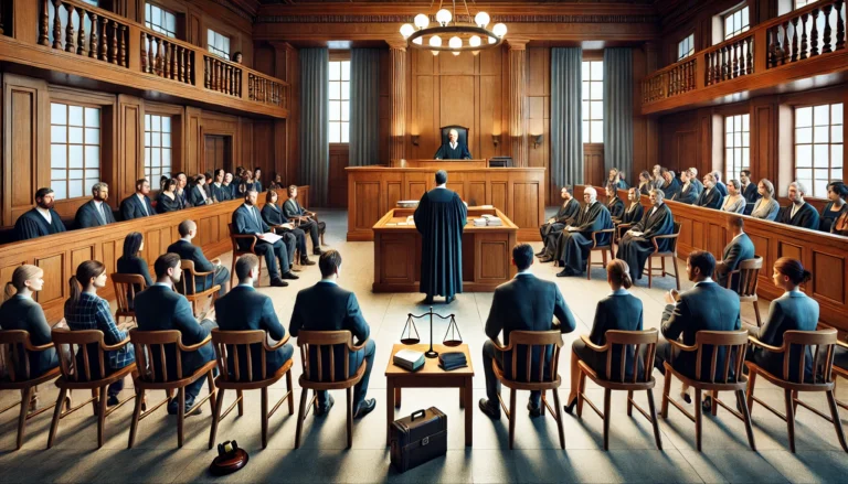 DALL·E 2024-10-25 14.32.21 - A realistic depiction of trial proceedings in a civil court case. A well-lit courtroom with a judge presiding over the session, seated at the bench in