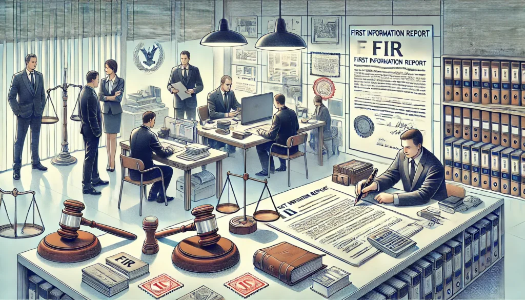 DALL·E 2024-10-26 19.22.36 - An informative illustration depicting the concept of an FIR (First Information Report) in business law. The scene shows a professional setting where l