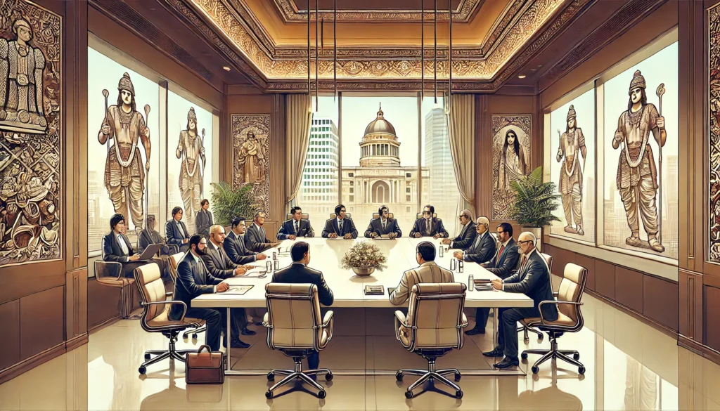 DALL·E 2024-10-26 19.46.30 - A detailed illustration of an arbitration session in a modern Indian corporate setting. The scene features a professional conference room with a panel