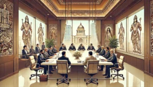 DALL·E 2024-10-26 19.46.30 - A detailed illustration of an arbitration session in a modern Indian corporate setting. The scene features a professional conference room with a panel