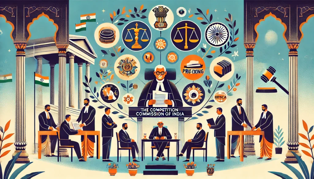 DALL·E 2024-10-26 19.51.59 - An illustration depicting the role of competition law in curbing anti-competitive practices in India. The scene shows a modern Indian courtroom or a r