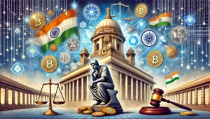 DALL·E 2024-10-26 20.01.57 - An illustration depicting India's struggle with the legal regulation of cryptocurrency. The scene includes symbols of cryptocurrency such as coins, bl