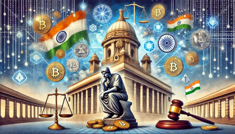 DALL·E 2024-10-26 20.01.57 - An illustration depicting India's struggle with the legal regulation of cryptocurrency. The scene includes symbols of cryptocurrency such as coins, bl