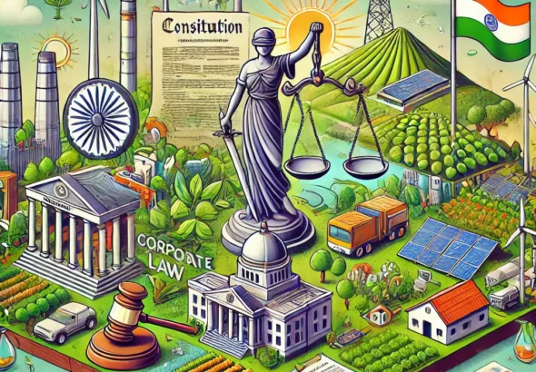 DALL·E 2024-10-26 20.16.50 - A conceptual illustration depicting the legal framework for sustainable business practices in India from a corporate law perspective. The scene includ