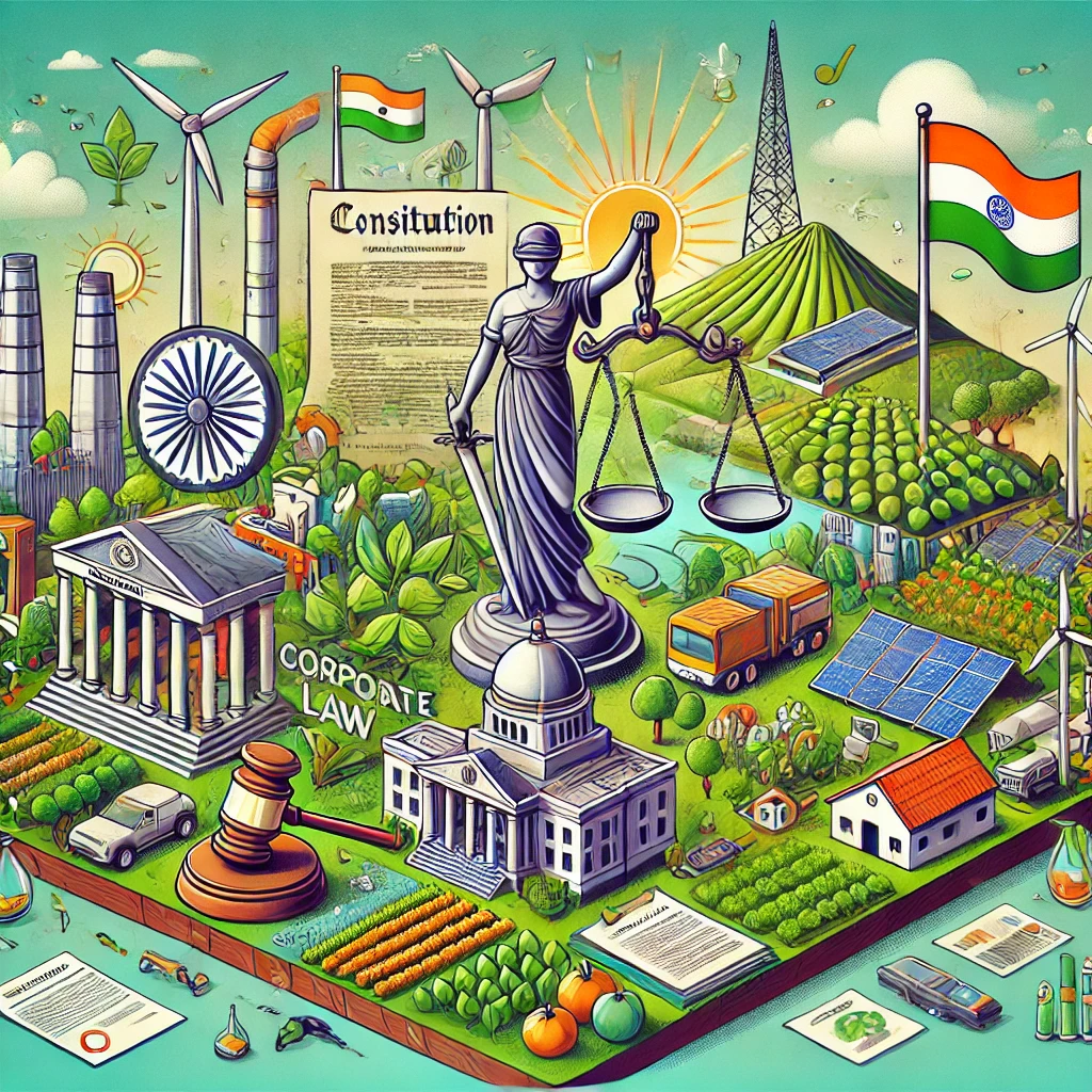 DALL·E 2024-10-26 20.16.50 - A conceptual illustration depicting the legal framework for sustainable business practices in India from a corporate law perspective. The scene includ