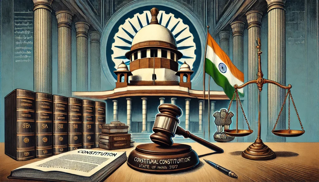 DALL·E 2024-10-30 20.36.01 - An illustration representing the judicial review of constitutional amendments inspired by the I.R. Coelho v. State of Tamil Nadu (2007) case. The imag