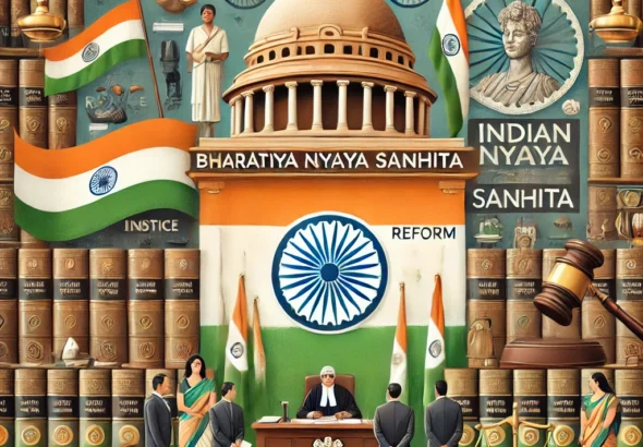 DALL·E 2024-10-30 20.47.57 - A visual representation of the Bharatiya Nyaya Sanhita (Indian Penal Code) reform in India. The image features a courtroom setting with traditional In