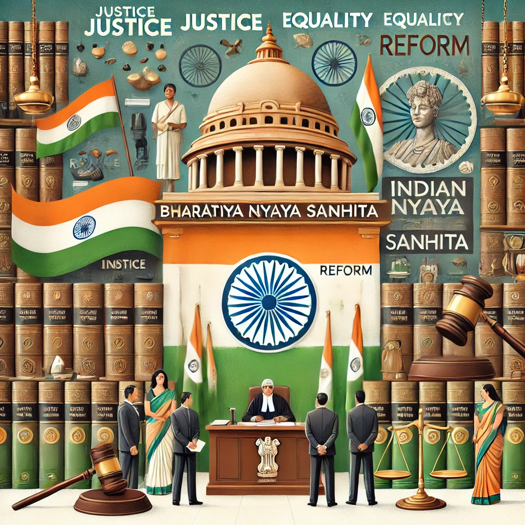 DALL·E 2024-10-30 20.47.57 - A visual representation of the Bharatiya Nyaya Sanhita (Indian Penal Code) reform in India. The image features a courtroom setting with traditional In