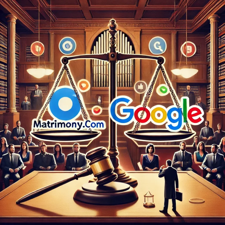 DALL·E 2024-10-30 20.53.30 - A conceptual illustration of the legal case Matrimony.com vs. Google LLC. The image has a courtroom setting where legal scales balance the logos of Ma