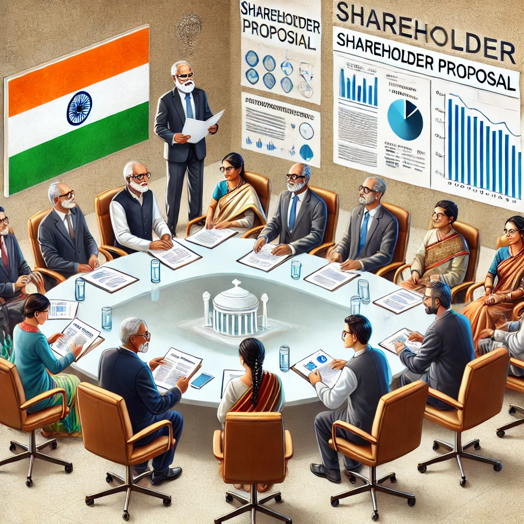 DALL·E 2024-10-31 20.19.19 - A group of diverse shareholders and board members in a formal meeting setting in an Indian corporate office. Some shareholders are actively engaging i