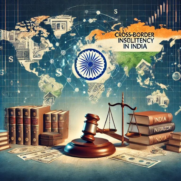 DALL·E 2024-10-31 20.35.52 - A conceptual illustration of cross-border insolvency in India, featuring legal symbols such as scales of justice, books, and documents, against a worl