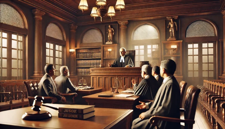 DALL·E 2024-11-01 12.45.32 - A realistic courtroom scene in an Indian High Court, with a judge sitting at the bench and lawyers presenting arguments. The atmosphere is solemn, wit